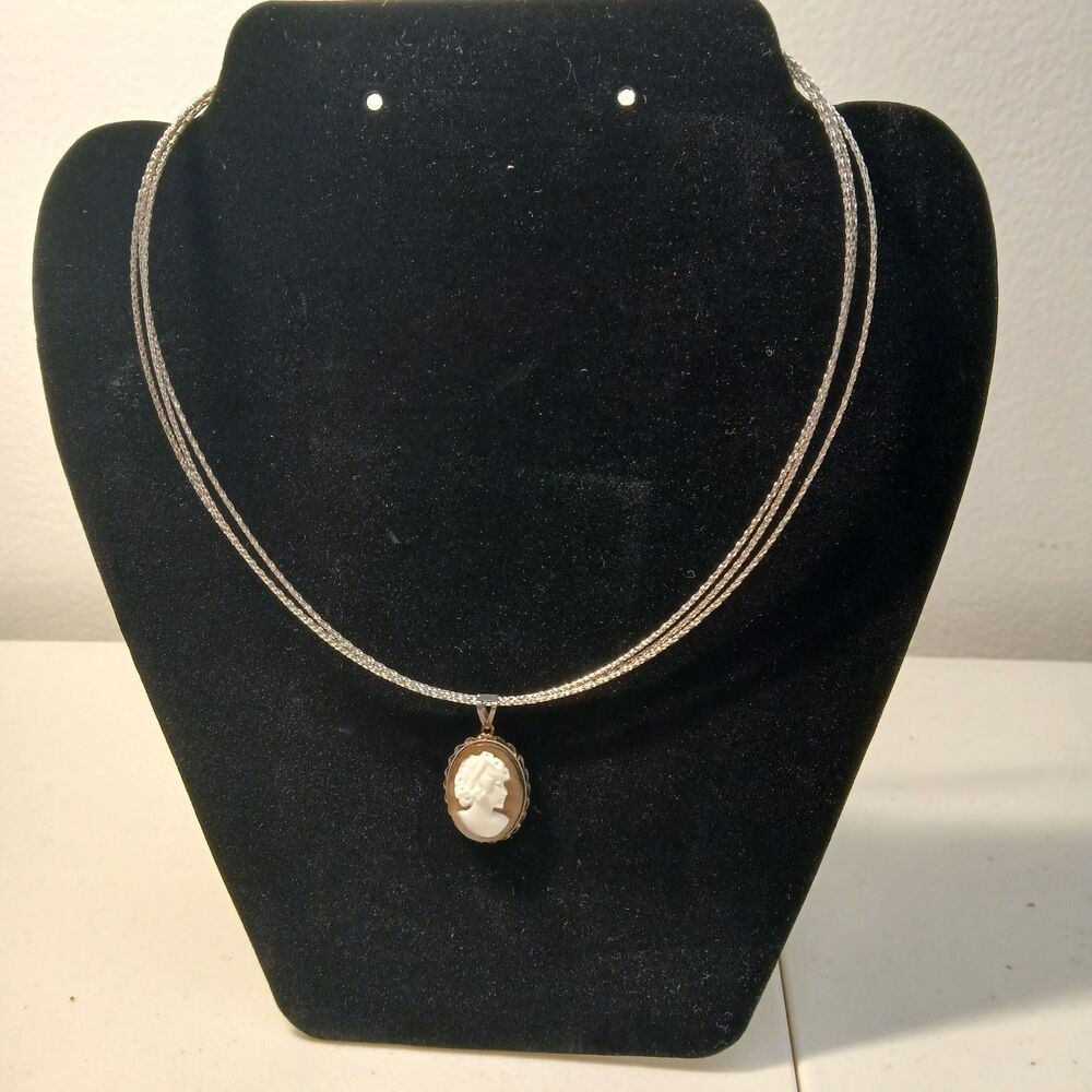 Technibond Triple Strand Mother of Pearl Cameo Lady Pendant Silver Tone Necklace